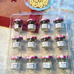 Lot of 12 empty Bonne Maman mini jars with Pink and White Checkered Jar Set.